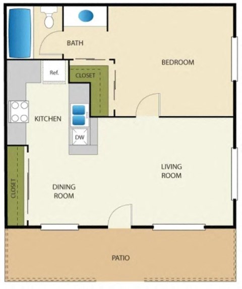 Floor plan for 1 bed, 1 bath, 495 sqft